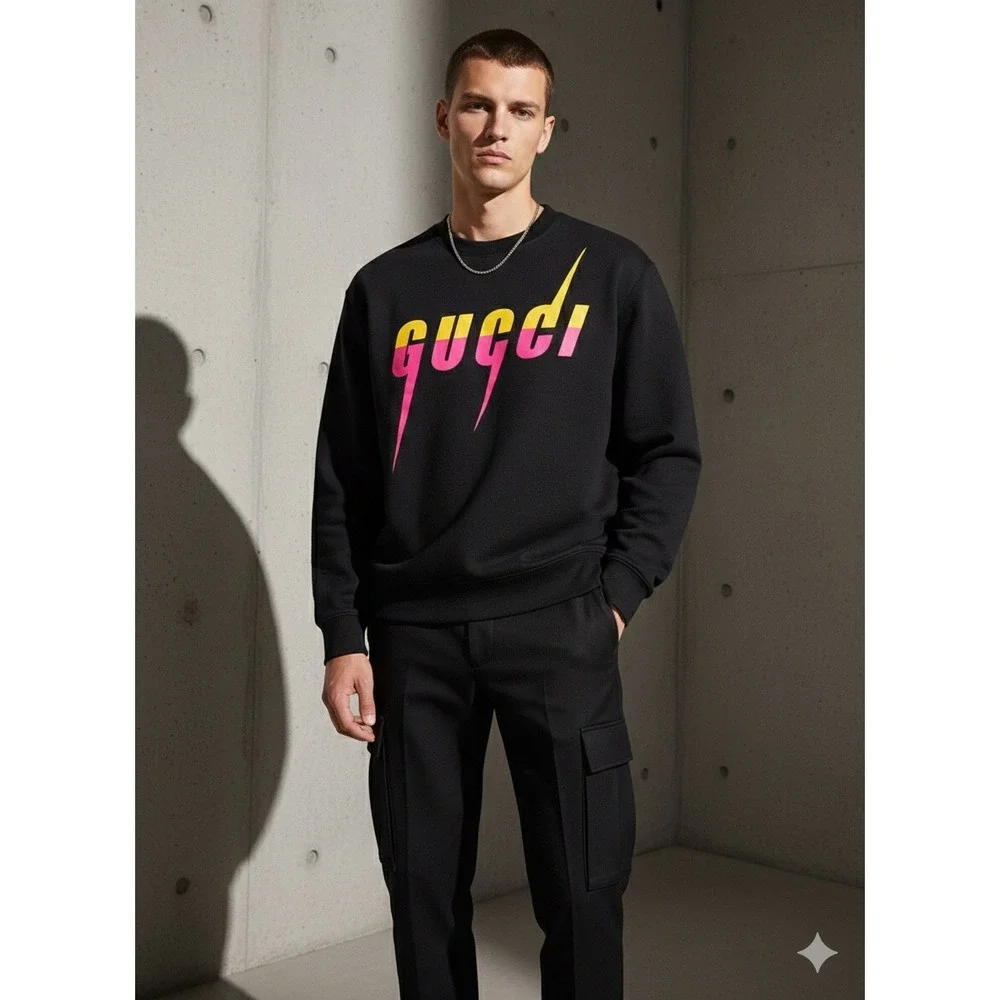 Gucci Blade‎ Logo Sweatshirt Black Pink Yellow Bicolor 715919 Mens Size L NWT